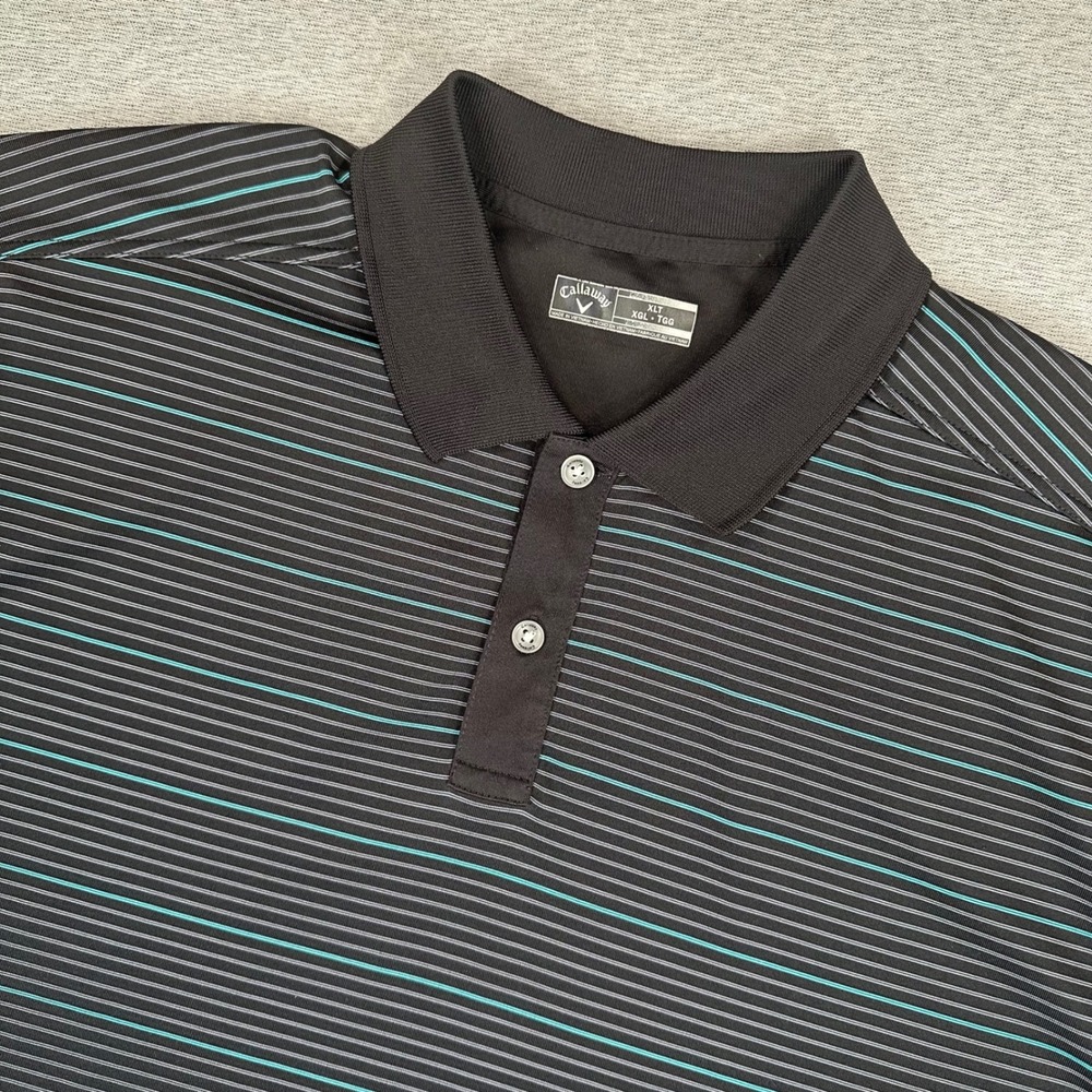 Callaway Golf Polo Shirt Mens XLT Tall Black Teal Striped Micro Polyester‎ Short